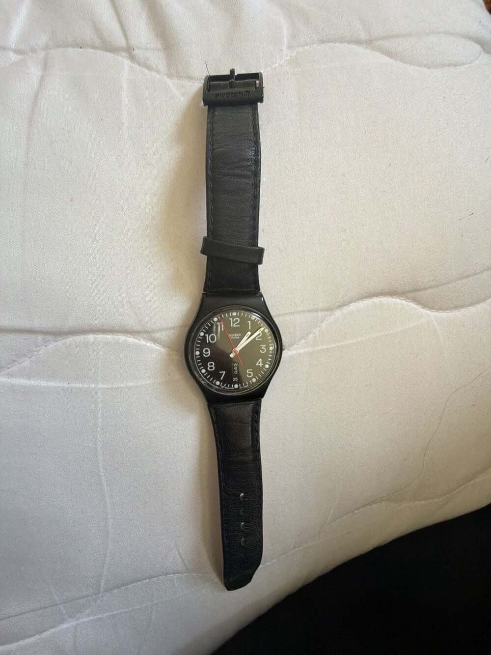Swatch Red Sunday Unisex Watch GB750 Black Leather Strap